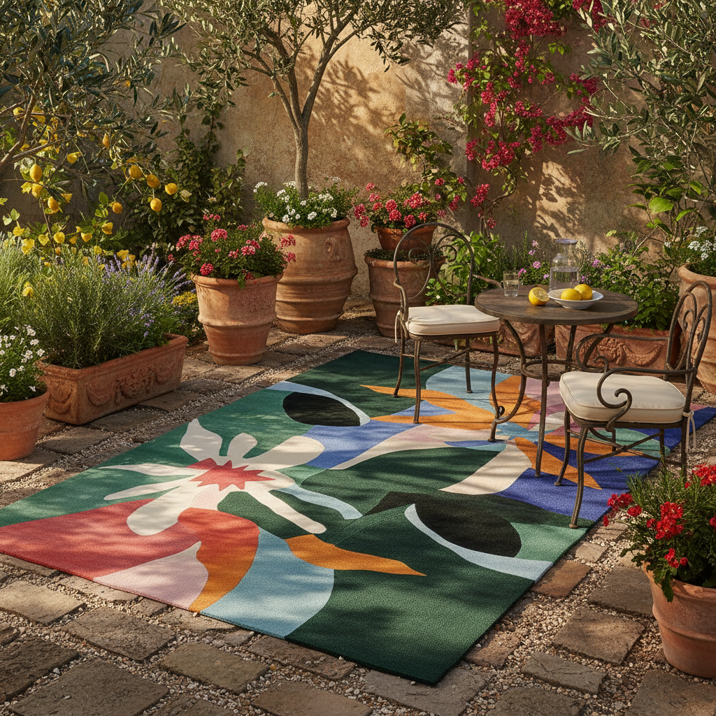 Outdoor patio with a colorful rug, chairs, and potted plants.