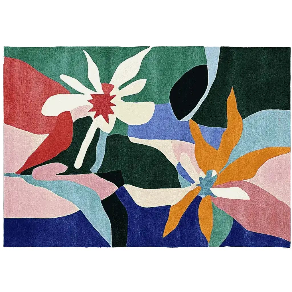 Vibrant and stylish area rug featuring a colorful abstract floral design, perfect for adding a contemporary touch to your living room. This hand-tufted wool rug showcases bold hues of green, red, blue, and orange, creating a dynamic and artistic statement piece.