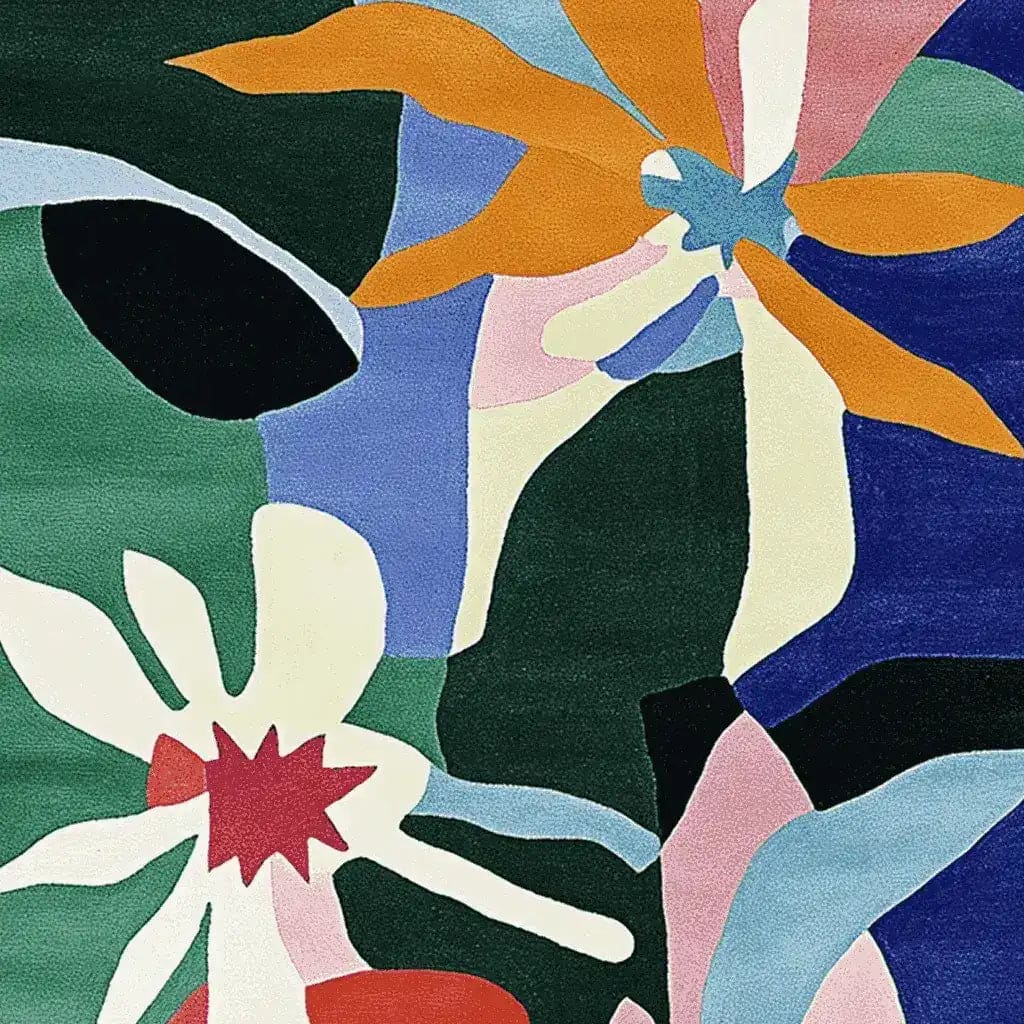 Vibrant abstract design of the Color Mirage Flora Hand Tufted Area Rug, showcasing bold floral patterns in rich hues. Ideal wool rug for contemporary living room spaces.