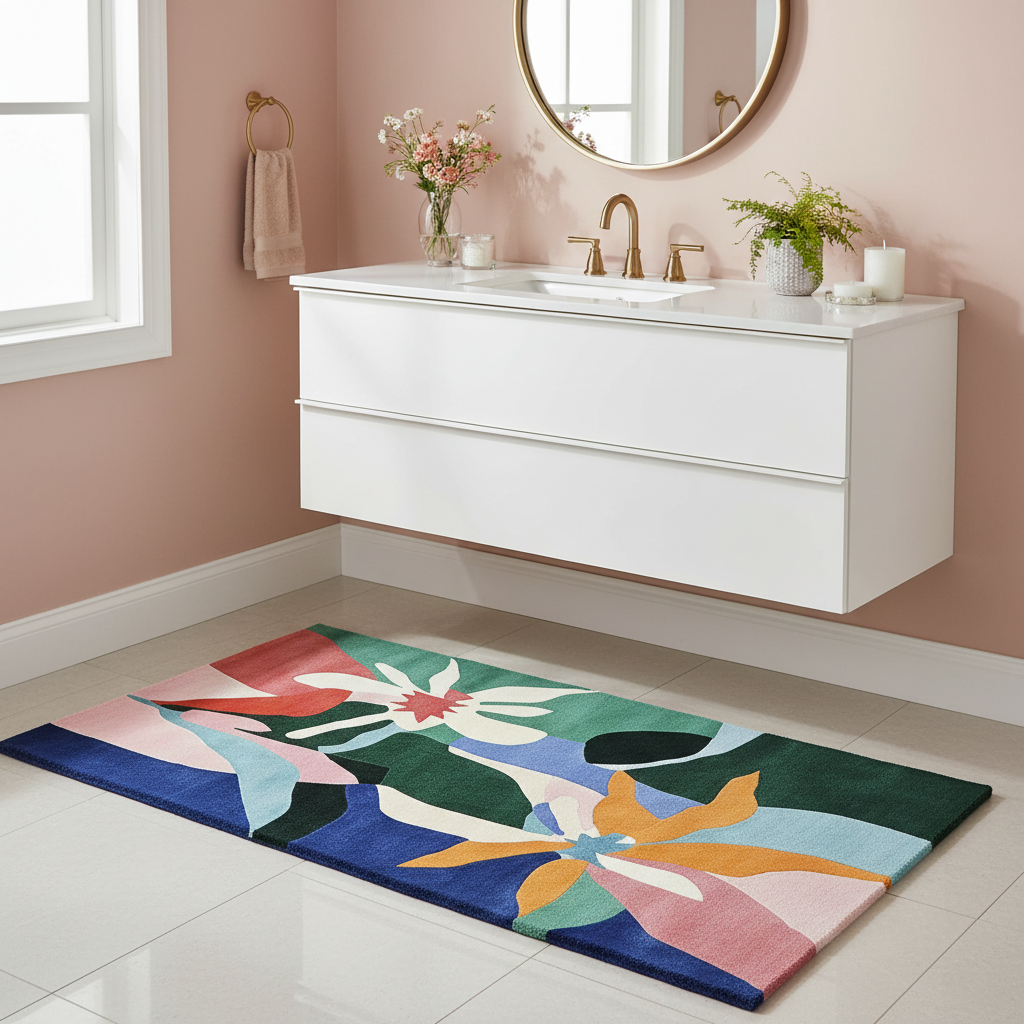 Bathroom with a colorful floral rug on the floor, white vanity, and pink walls.