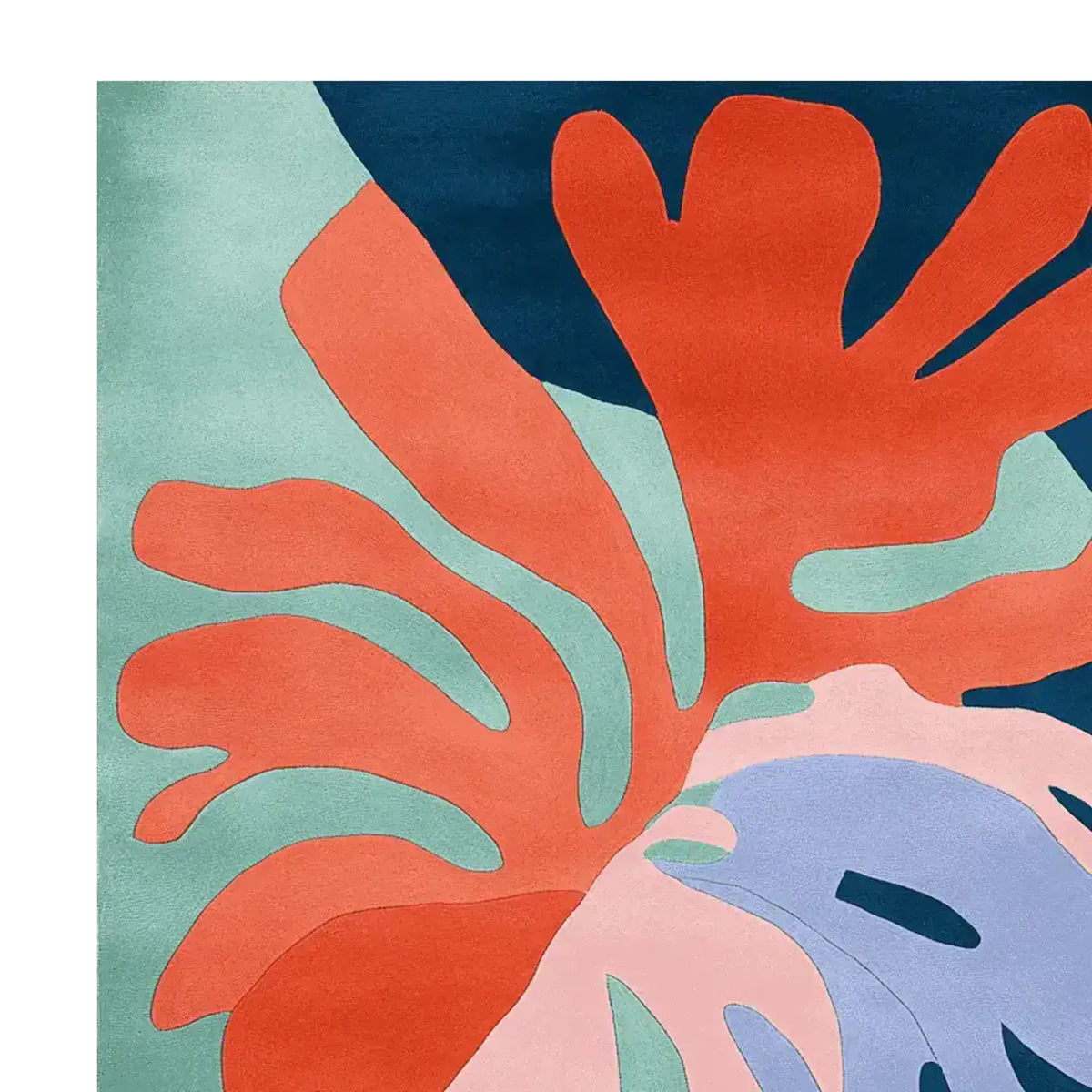 Vibrant abstract design of the Color Parade Bloom Hand Tufted Area Rug in a square shape, showcasing bold orange, blue, and green patterns. Perfect for adding a contemporary touch to large living rooms, this wool rug combines modern aesthetics with comfort, ideal for those seeking square area rugs.