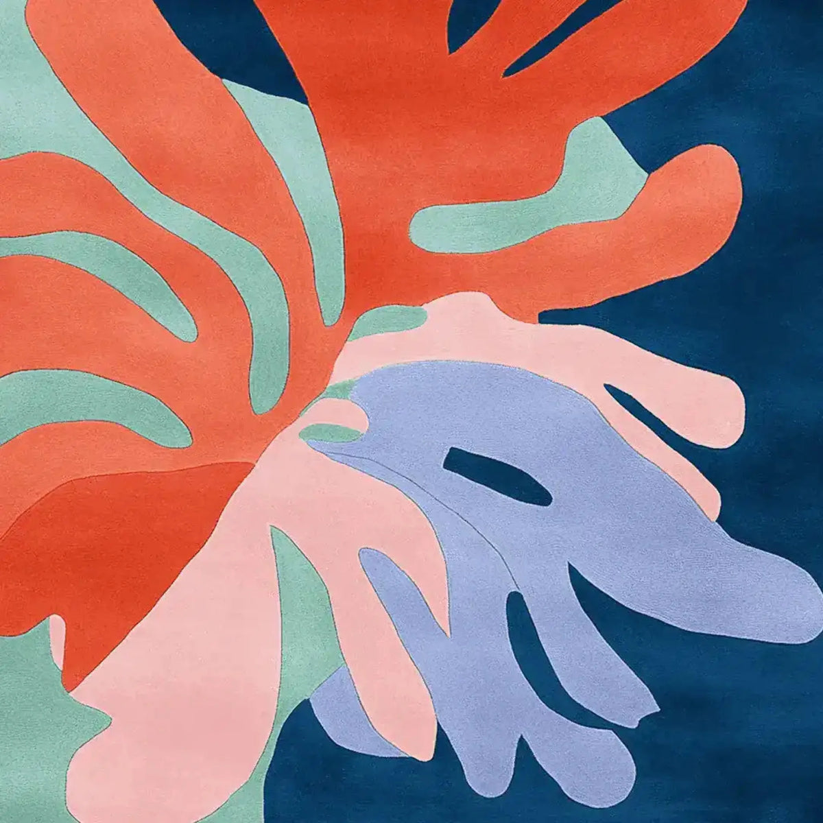 Vibrant and contemporary hand-tufted area rug featuring an abstract design with bold colors like red, green, and blue. Perfect as a square rug for large living rooms, this wool rug adds a modern touch to any space. Ideal for those seeking unique area rugs for the living room.