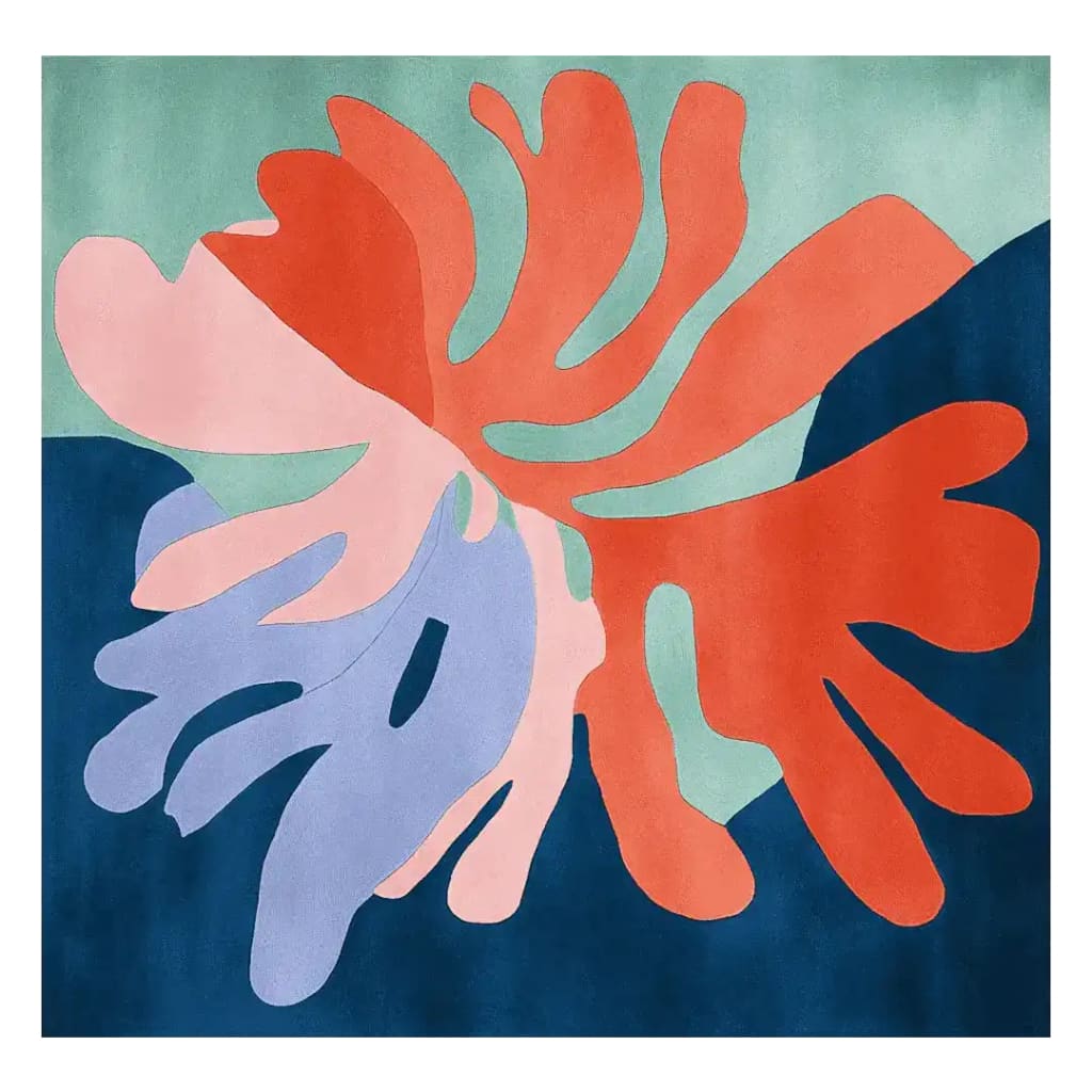 Vibrant Color Parade Bloom Hand Tufted Area Rug featuring an abstract design with bold red, green, and blue organic shapes. Perfect as a square rug for a contemporary living room, this large wool rug adds a splash of color and style to any space.