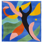 A vibrant, hand-tufted wool area rug featuring an abstract design with bold colors including blue, yellow, and green. This contemporary square rug, ideal for an 8x10 living room space, adds a splash of color and modern flair to any home decor.