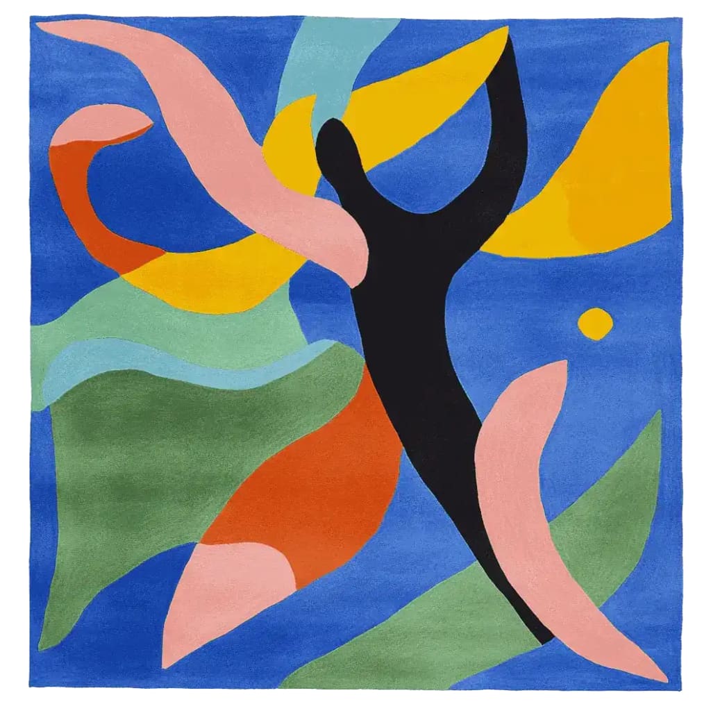 A vibrant, hand-tufted wool area rug featuring an abstract design with bold colors including blue, yellow, and green. This contemporary square rug, ideal for an 8x10 living room space, adds a splash of color and modern flair to any home decor.