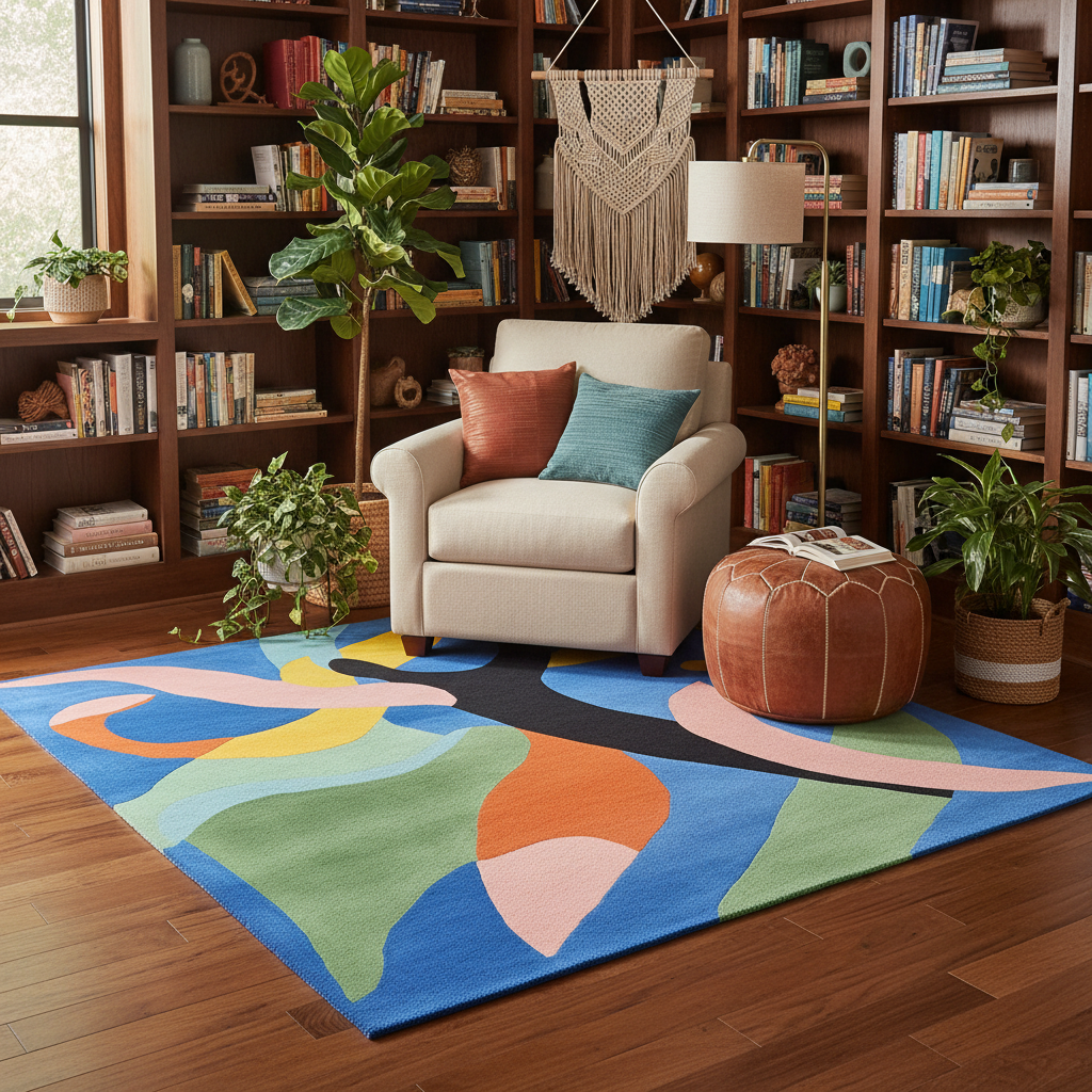 Living room with a colorful rug, beige armchair, and bookshelves.