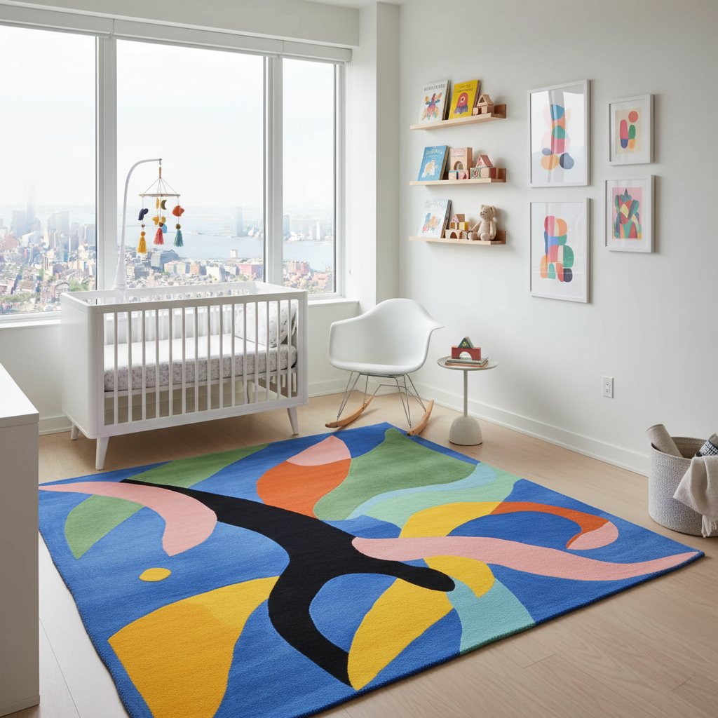 Modern nursery with a colorful abstract rug, white crib, and shelves with toys.