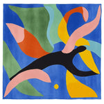 Vibrant abstract design on a square area rug, showcasing a dynamic mix of blue, green, yellow, pink, and black shapes. This contemporary wool rug, perfect as an 8x10 living room centerpiece, adds a splash of color and modern flair to any space.