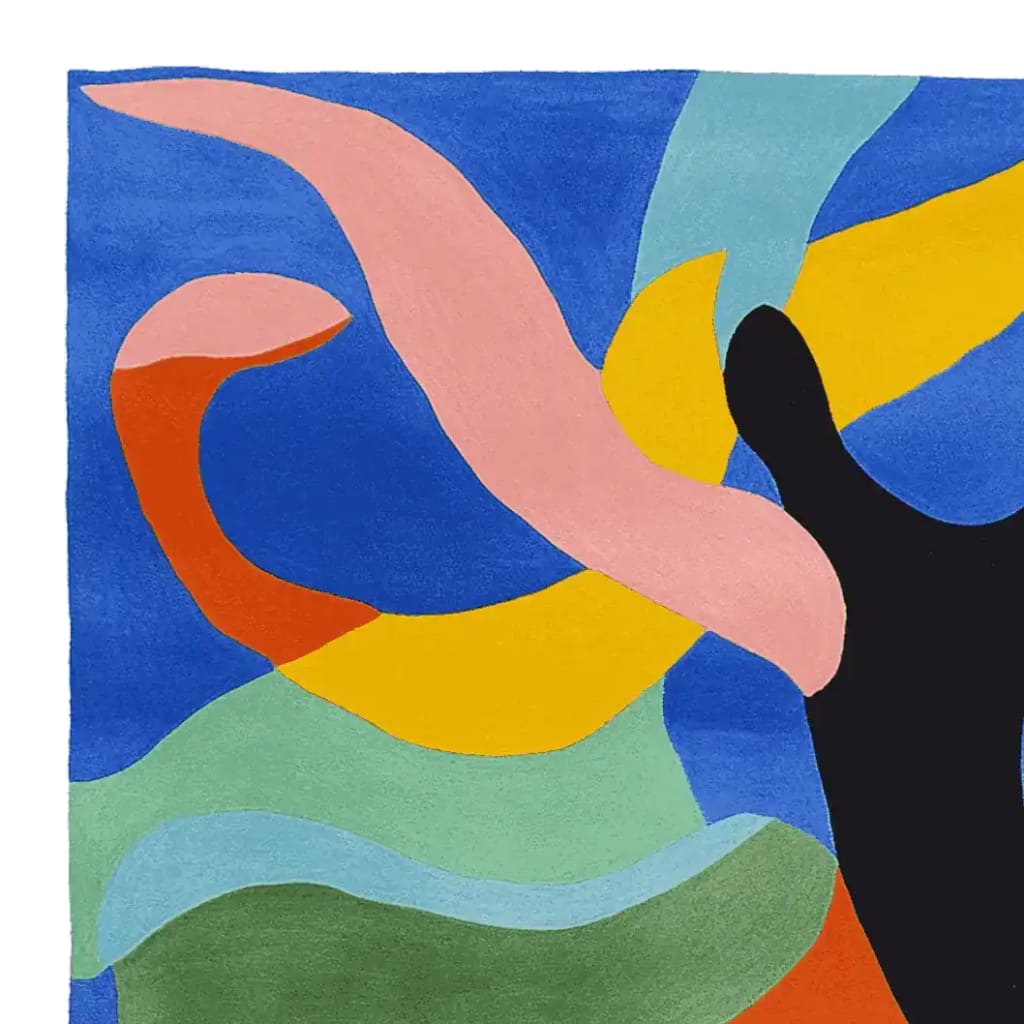 Vibrant and colorful square area rug featuring abstract shapes in blue, pink, orange, yellow, and black, perfect for adding a contemporary touch to any living room. This wool rug is ideal for those seeking an 8x10 area rug that combines artistic flair with practical function.