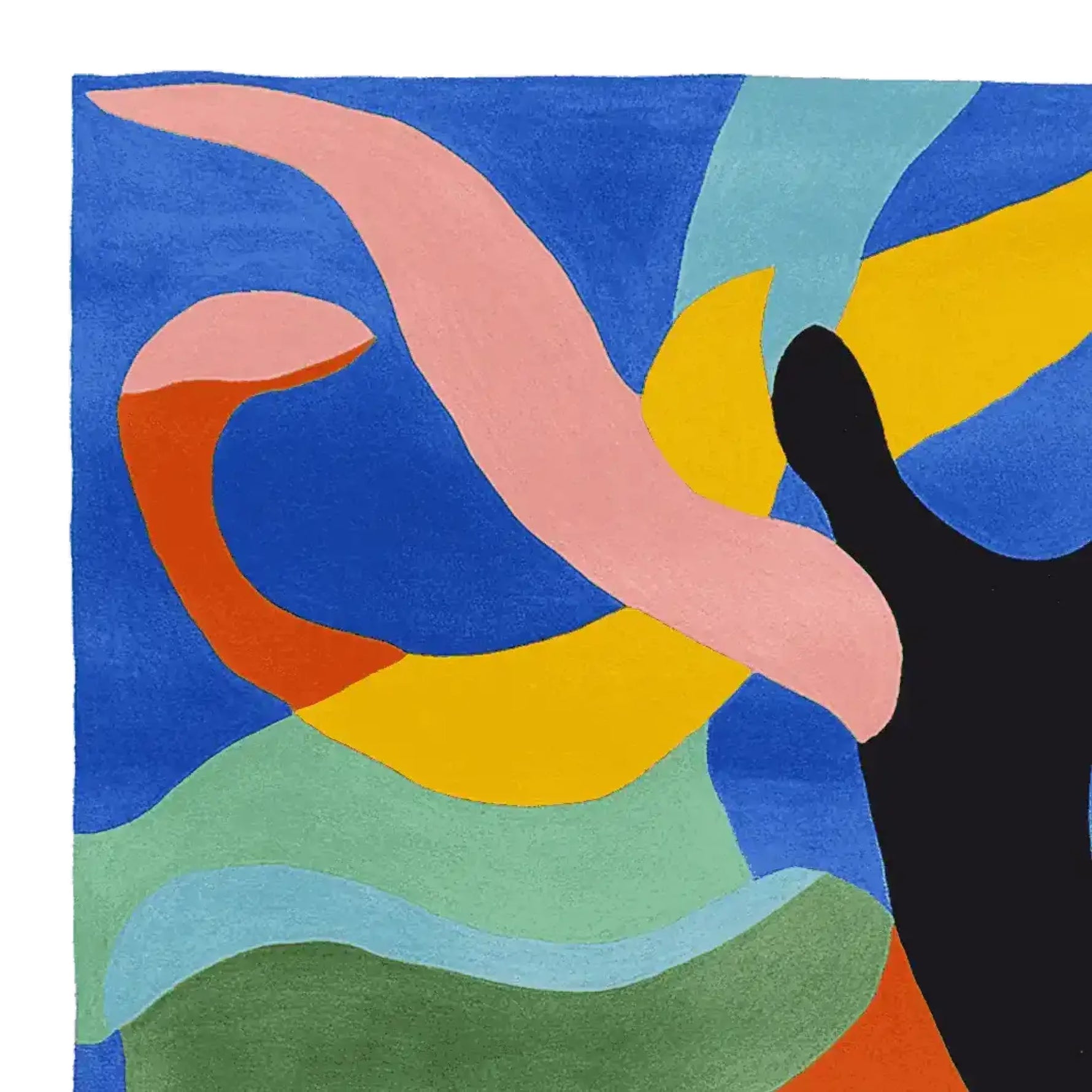 Vibrant and colorful square area rug featuring abstract shapes in blue, pink, orange, yellow, and black, perfect for adding a contemporary touch to any living room. This wool rug is ideal for those seeking an 8x10 area rug that combines artistic flair with practical function.