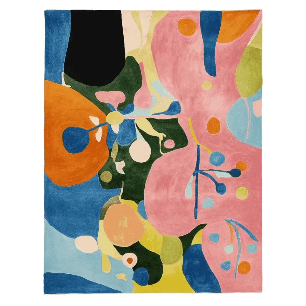 Vibrant and contemporary Color Splash Symphony Hand Tufted Area Rug, perfect for large living rooms. This wool rug features an abstract, colorful design with splashes of pink, blue, orange, and green, ideal for adding a modern touch to living spaces. Sized at 8x10, it serves as an eye-catching centerpiece for any contemporary decor.