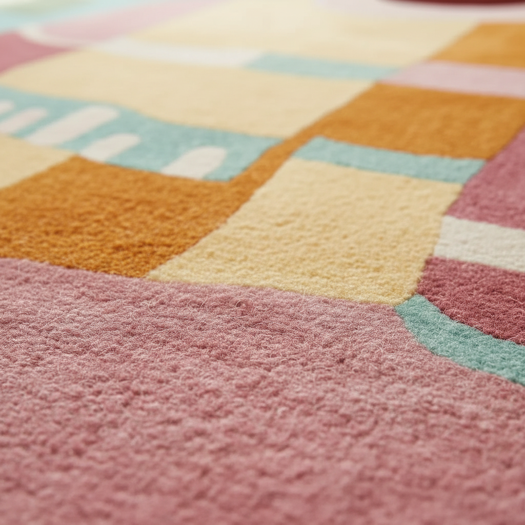 Close-up of a colorful checkered rug with pink, yellow, and blue patterns.