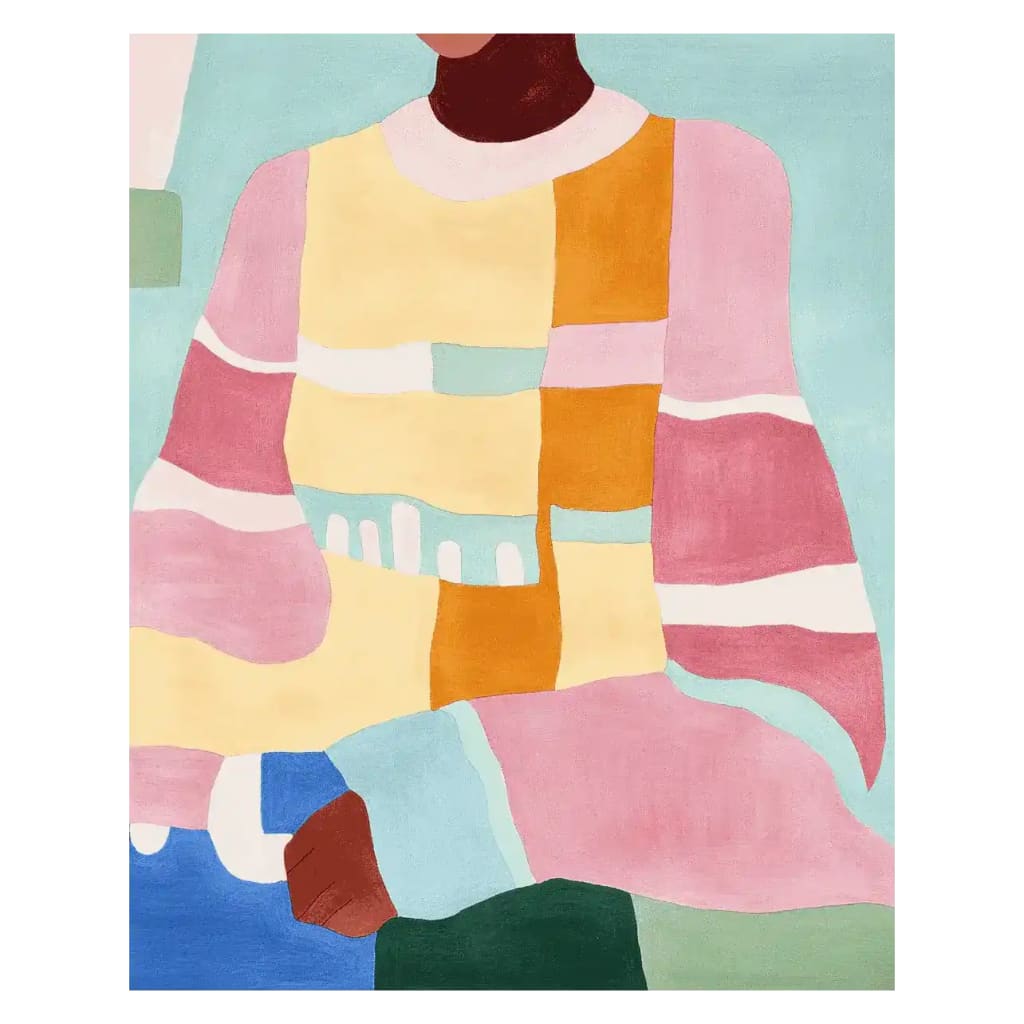 Vibrant area rug featuring an abstract design with bold colors and geometric shapes, perfect for adding a contemporary touch to a living room. This wool rug showcases a mix of pink, yellow, blue, and green hues, making it an ideal choice for those seeking stylish area rugs for living room decor.