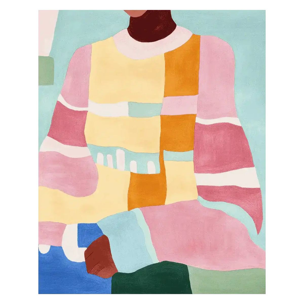 Vibrant area rug featuring an abstract design with bold colors and geometric shapes, perfect for adding a contemporary touch to a living room. This wool rug showcases a mix of pink, yellow, blue, and green hues, making it an ideal choice for those seeking stylish area rugs for living room decor.