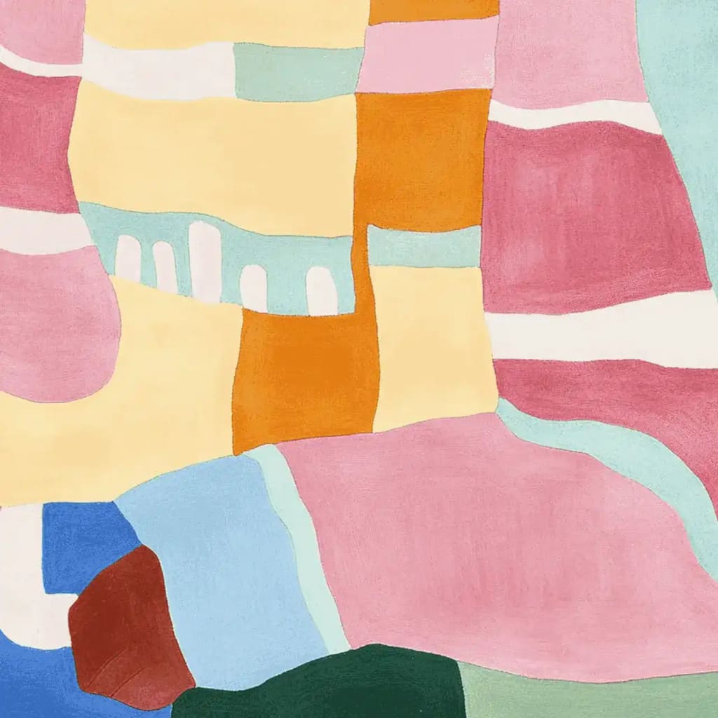 A vibrant, abstract design of a hand-tufted area rug featuring colorful blocks of pink, orange, blue, and green. This contemporary wool rug is ideal for adding a modern touch to living rooms, offering both style and comfort.