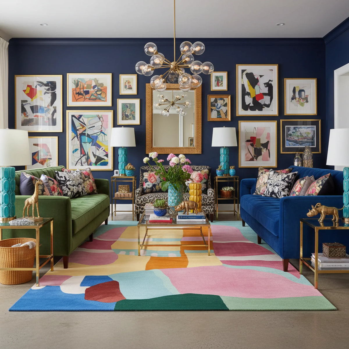Colorful living room with blue walls, abstract art, and a patterned rug.