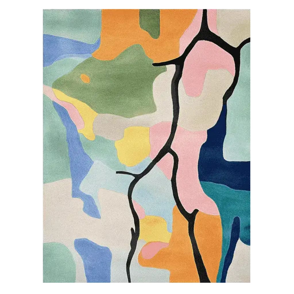 Vibrant Color Terrain Hand Tufted Area Rug featuring an abstract design with bold, colorful patterns. This wool rug is perfect for adding a contemporary touch to living room area rugs, showcasing an artistic blend of orange, green, pink, and blue hues.