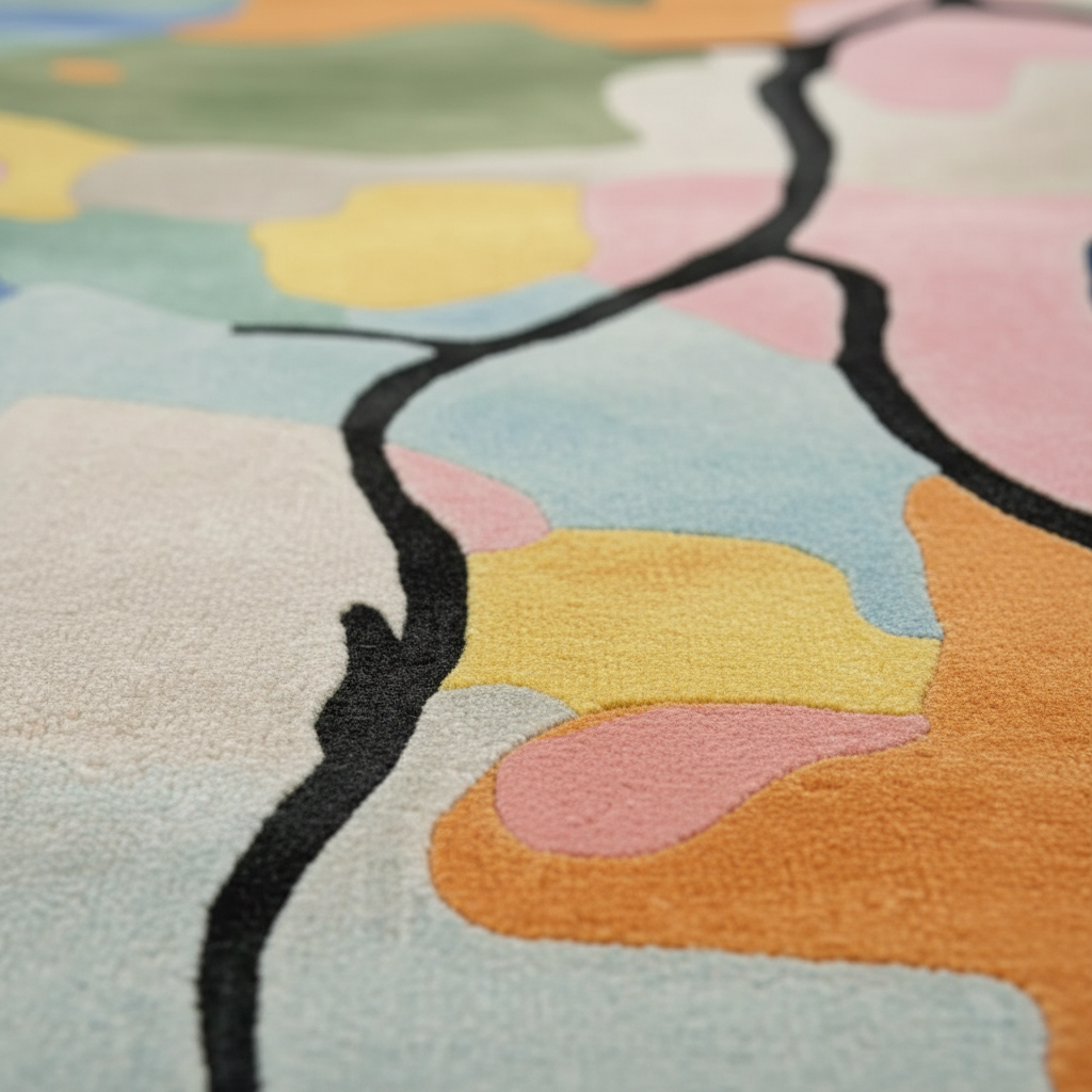 Close-up of a colorful floral-patterned rug with pastel colors.
