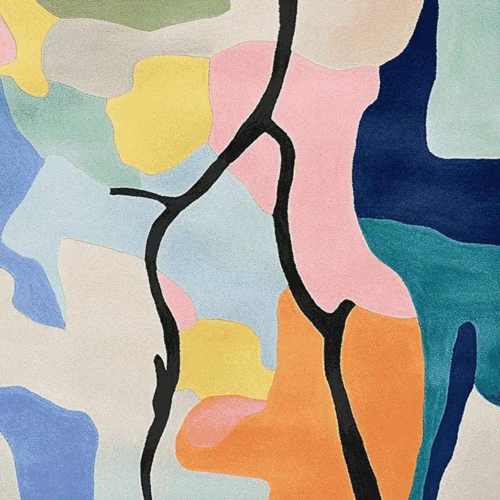 This vibrant area rug showcases an abstract design with bold, colorful blocks in pink, yellow, blue, and green, intersected by striking black lines. Perfect for adding a contemporary touch to any living room, this hand-tufted wool rug combines style and comfort, making it an ideal choice for those seeking modern area rugs for living room spaces.
