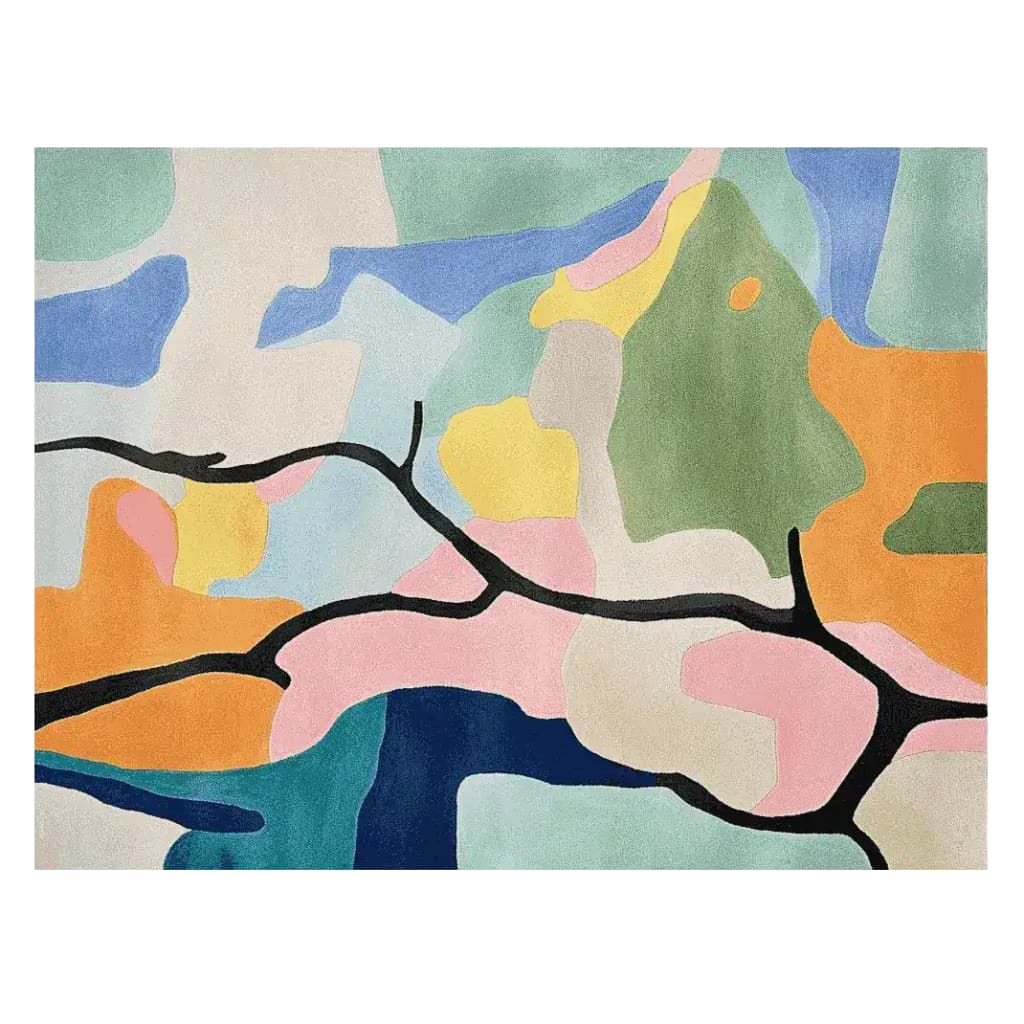 This vibrant area rug features an abstract design with bold, colorful shapes in shades of green, blue, orange, and pink. Perfect as a wool rug for adding a contemporary touch to your living room, this hand-tufted piece showcases a striking black line weaving through the colors, making it an eye-catching centerpiece for any space.