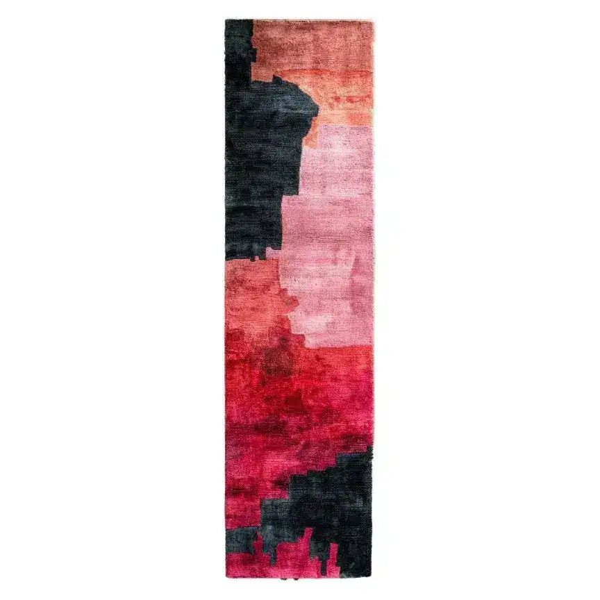 Vibrant Color Wave Canvas Hand Tufted Wool Rug Runner featuring a striking abstract design in shades of pink, red, and black. This contemporary area rug is perfect for adding a touch of modern elegance to your office, dining room, or as a hallway runner rug. Ideal for use as a bathroom runner rug or kitchen runner rug, this wool rug enhances any living room or formal dining room with its dynamic color palette.
