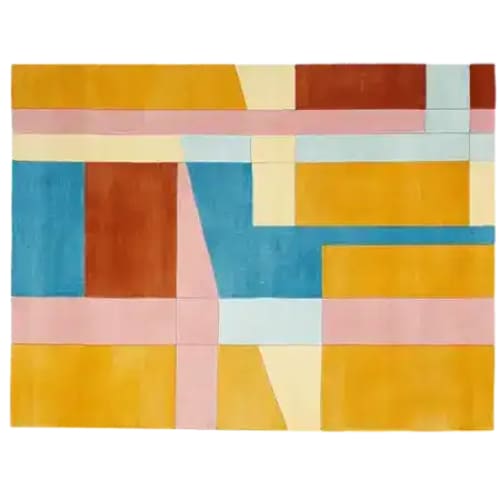 A vibrant Colorblock Code Breaker Hand Tufted Area Rug featuring an abstract geometric pattern in bold colors like yellow, blue, and red. This contemporary wool rug is perfect for adding a modern touch to living rooms. Ideal as an 8x10 area rug for living room spaces.