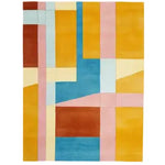 A vibrant Colorblock Code Breaker Hand Tufted Area Rug with a modern abstract design. This wool rug features bold blocks of blue, pink, yellow, and orange, ideal for adding a contemporary touch to any living room. Perfectly sized for living room rugs 8x10, this area rug enhances any space with its unique and stylish pattern.