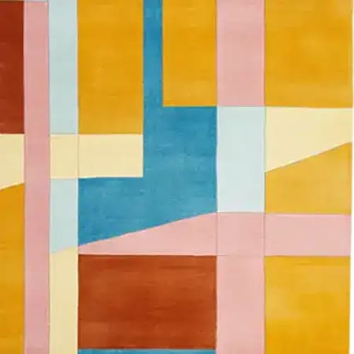 Colorful area rug with a bold, geometric colorblock design. This wool rug is perfect for contemporary living rooms, measuring 8x10, and features vibrant hues of yellow, blue, pink, and red, adding a modern touch to any space.