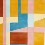 Colorful area rug with a bold, geometric colorblock design. This wool rug is perfect for contemporary living rooms, measuring 8x10, and features vibrant hues of yellow, blue, pink, and red, adding a modern touch to any space.