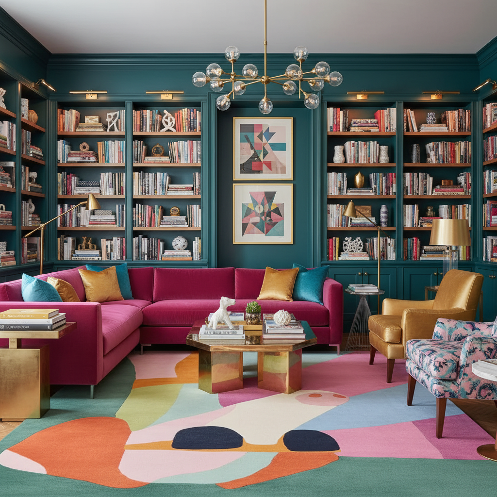 Modern living room with a pink sectional sofa, colorful rug, and bookshelves.