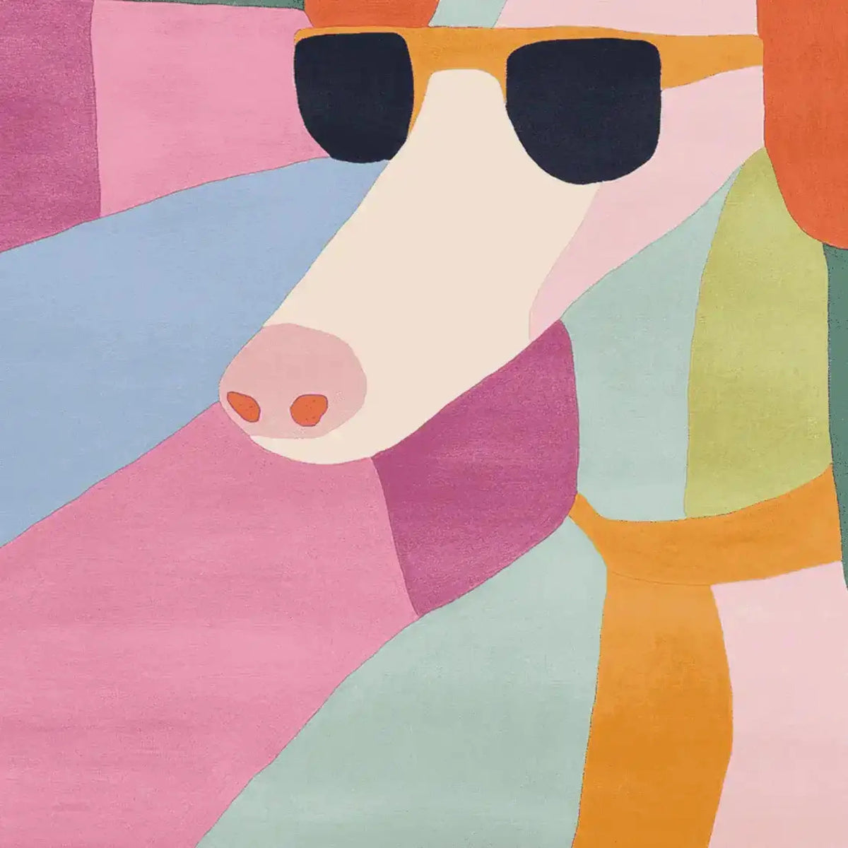 A vibrant, contemporary area rug featuring a playful abstract design with a dog's face wearing sunglasses. This square wool rug showcases bold, colorful blocks in shades of pink, blue, and green, perfect for adding a modern touch to any living room. Ideal for those seeking unique square area rugs.