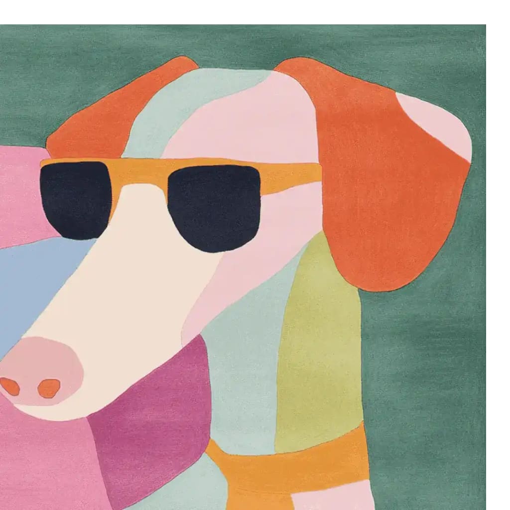 Colorful and playful area rug featuring a modern abstract design of a dog wearing sunglasses. This contemporary wool square area rug is perfect for adding a whimsical touch to living room decor, making it an ideal choice for those seeking unique area rugs for the living room.