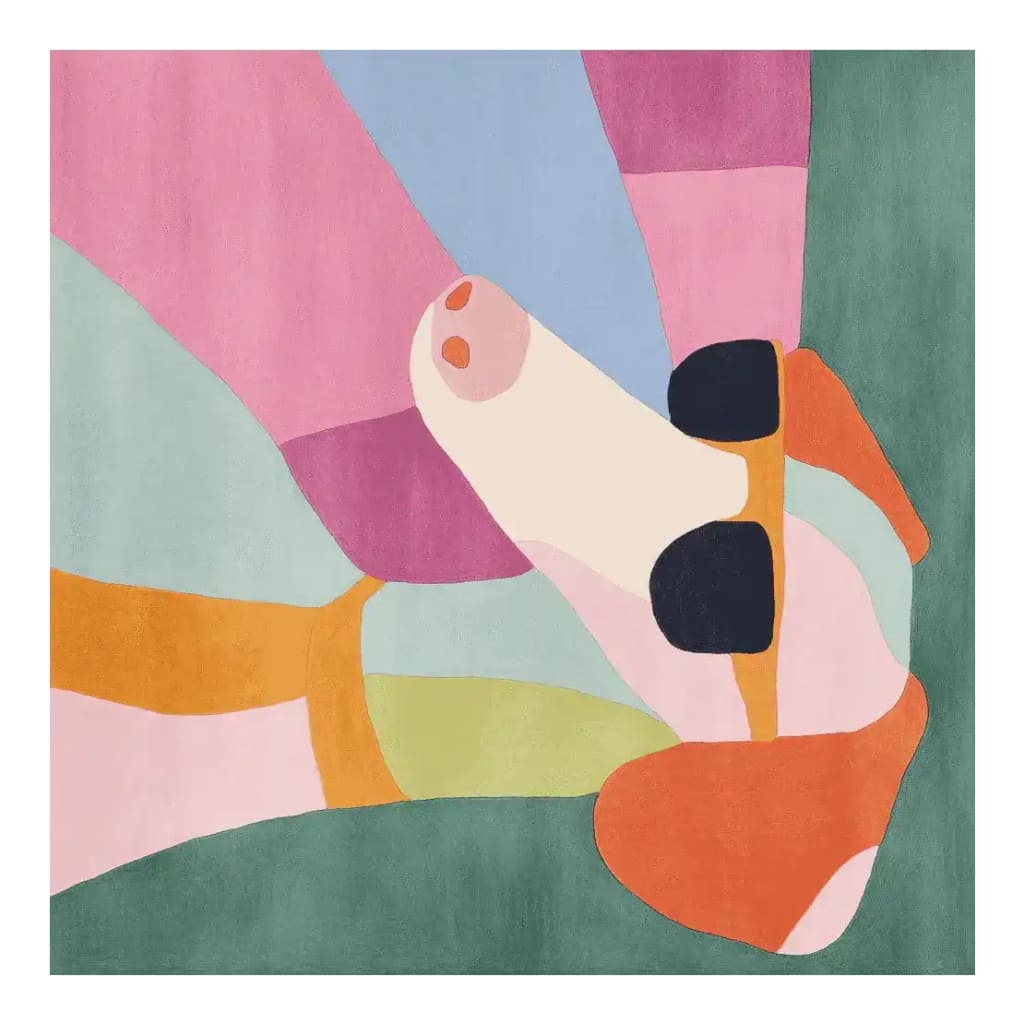 A vibrant Colorblock Dog Days Hand Tufted Rug showcasing an abstract design in bold colors like pink, green, and orange. This contemporary square area rug, made from high-quality wool, is perfect for adding a pop of color to your living room. Ideal as an eye-catching area rug for living room spaces.