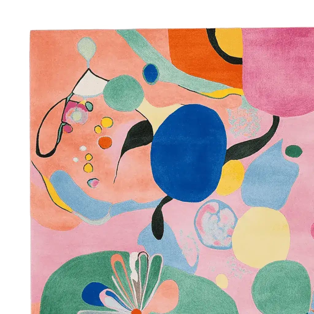 A vibrant, hand-tufted area rug featuring an abstract design with bold colors like pink, blue, green, and yellow. This contemporary wool rug is perfect for adding a splash of color to living room spaces, especially fitting as an 8x10 area rug.