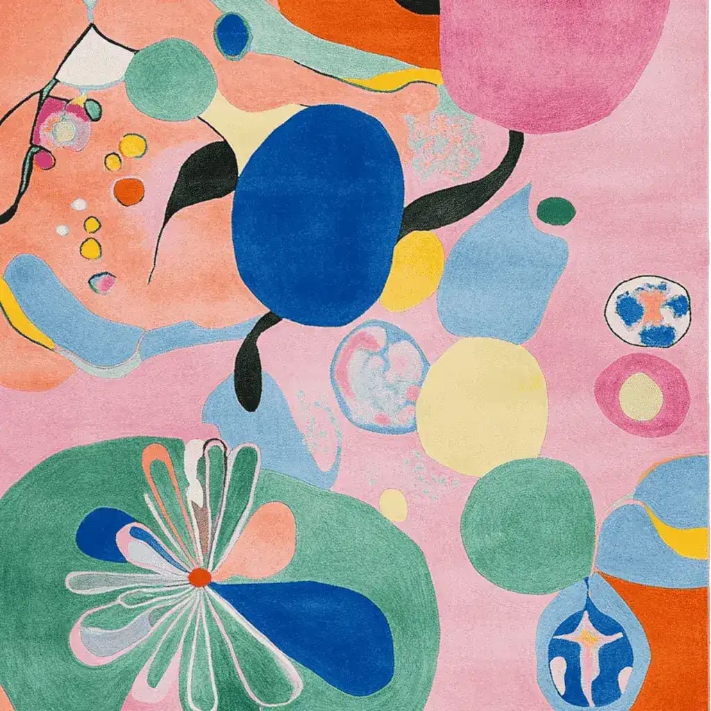 Colorburst Flora Dance Hand Tufted Area Rug featuring a vibrant abstract design with pink, blue, green, and orange shapes. Perfect for adding a contemporary touch to living room rugs, especially in an 8x10 layout. This wool rug combines artistic flair with modern style.