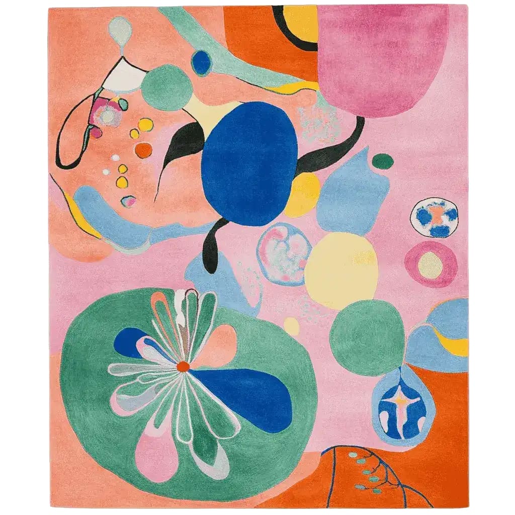 Vibrant Colorburst Flora Dance hand-tufted area rug showcasing an abstract design with bold colors including pink, blue, green, and orange. Perfect for adding a contemporary touch to living room spaces, this wool rug measures 8x10, ideal for those seeking stylish living room area rugs.