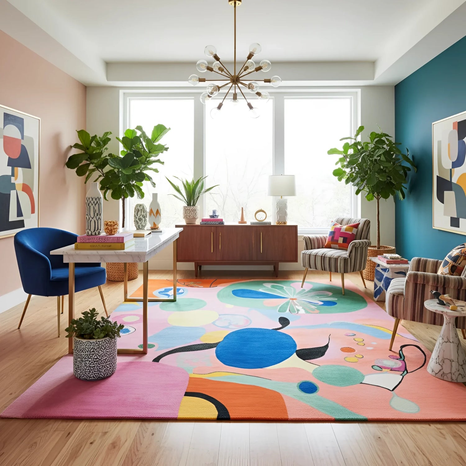 Modern living room with colorful abstract rug, furniture, and decor.