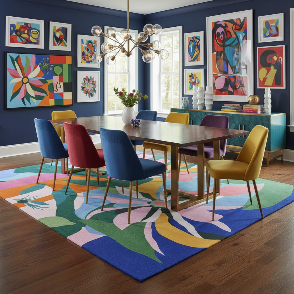 Dining room with colorful chairs, table, an abstract floral wool rug, and abstract art on walls.