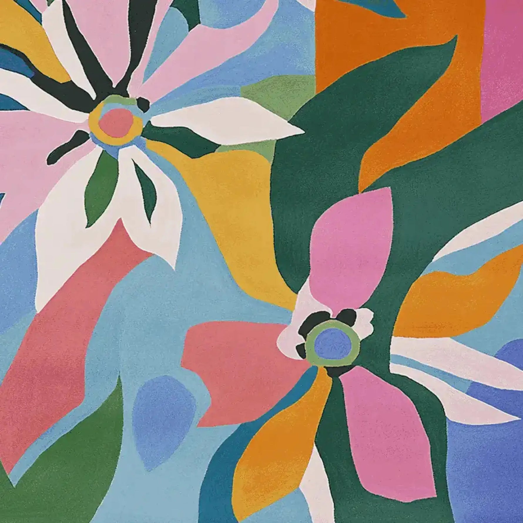 Vibrant Colorburst Petal Reverie hand-tufted area rug with an abstract floral design, perfect for large living rooms. This contemporary square wool rug features bold splashes of pink, green, orange, and blue, ideal for adding a pop of color to your space. Suitable as a living room rug, size 8x10.