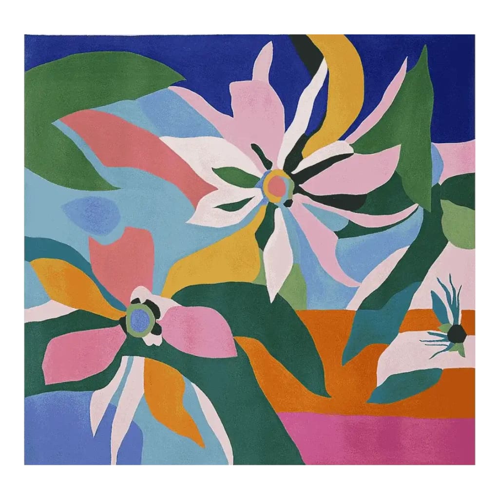 The Colorburst Petal Reverie Hand Tufted Rug is a vibrant square area rug, perfect for adding a splash of color to any large living room. This contemporary rug features an abstract floral design in bold hues of pink, blue, green, and yellow, crafted from high-quality wool. Ideal for those seeking an 8x10 wool rug to enhance their living space with modern elegance.