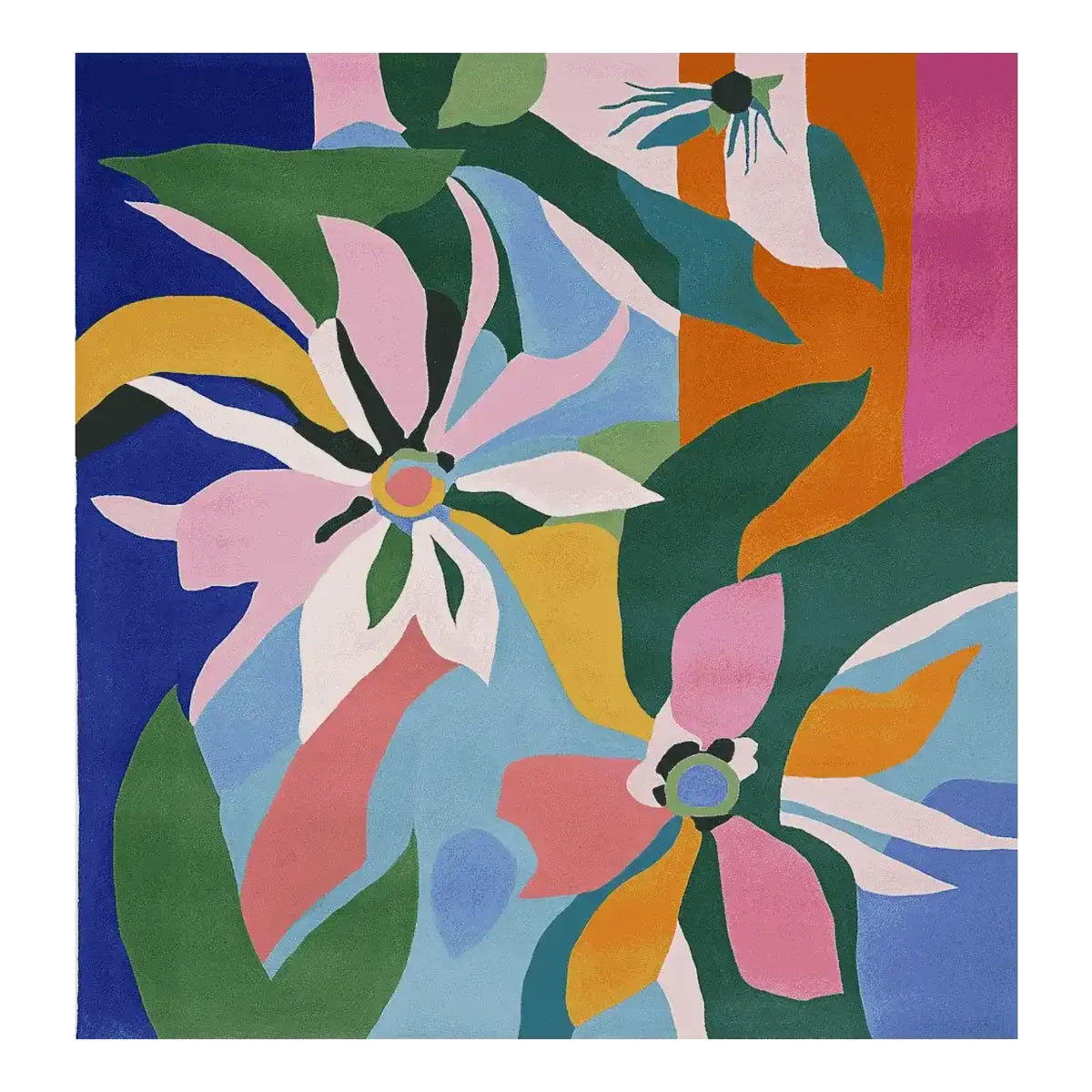 Dining room with colorful chairs, table, an abstract floral wool rug, and abstract art on walls.