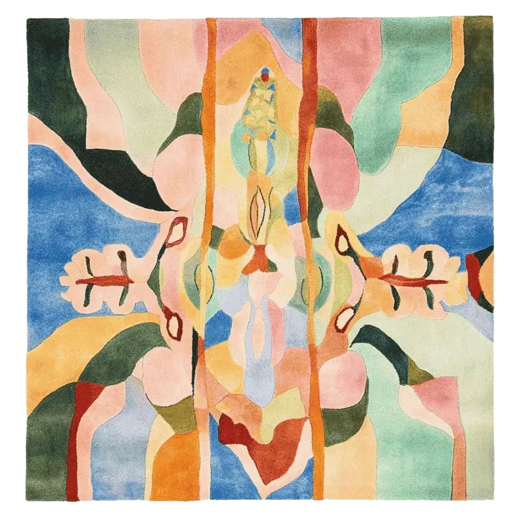 Vibrant and contemporary square area rug featuring an abstract design in rich colors like blue, green, pink, and orange. This wool rug adds a splash of artistic flair to any living room space, especially in an 8x10 setting, making it a perfect choice for modern home decor.