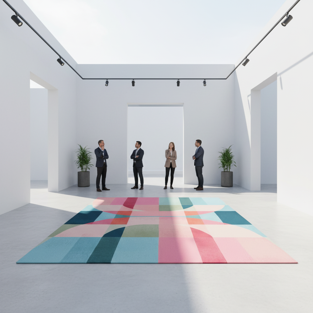 Group of people standing in a modern room with a colorful geometric rug.