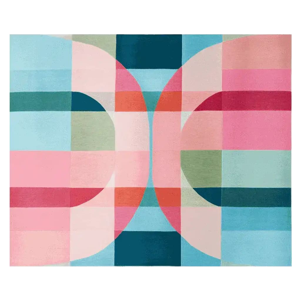 A vibrant and contemporary area rug featuring a geometric abstract design with shades of pink, blue, green, and orange. Perfect for enhancing large living room spaces, this wool rug adds a modern touch to any interior. Ideal for those seeking stylish living room area rugs.