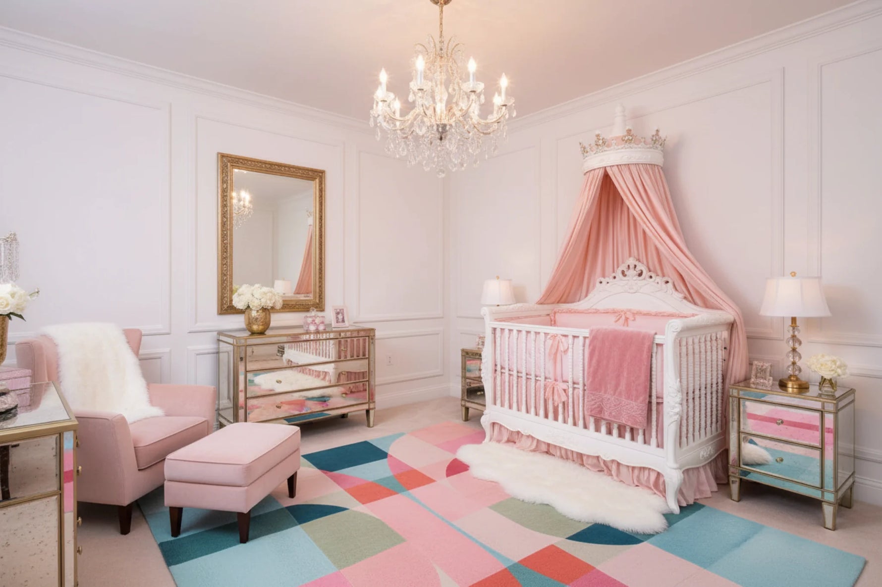 Delicate baby nursery with crib, colorful rug, and decorative elements.