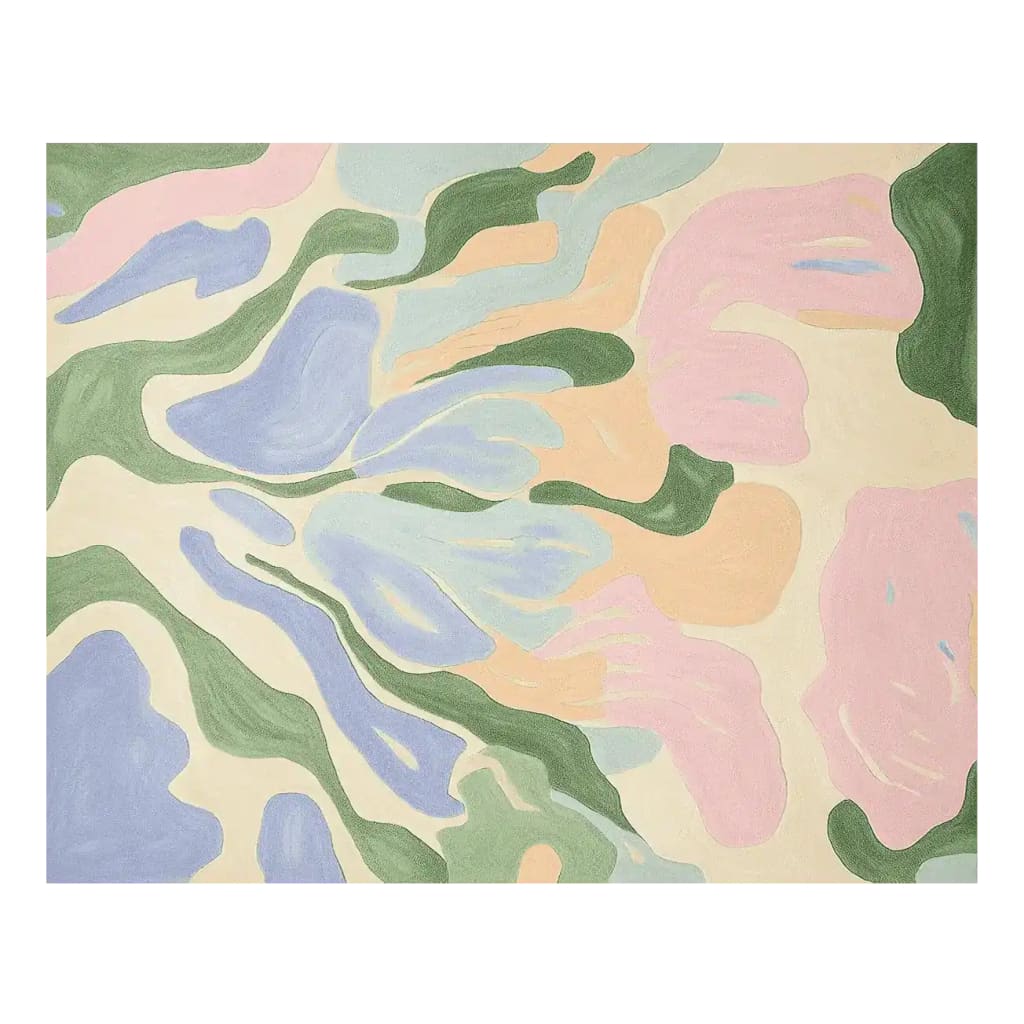 Colorform Bloom Memory Hand Tufted Area Rug featuring an abstract design in pastel colors including green, blue, pink, and cream, perfect for large living rooms. This contemporary wool rug adds a stylish touch to any space, making it an ideal choice for those seeking rugs for living room decor.