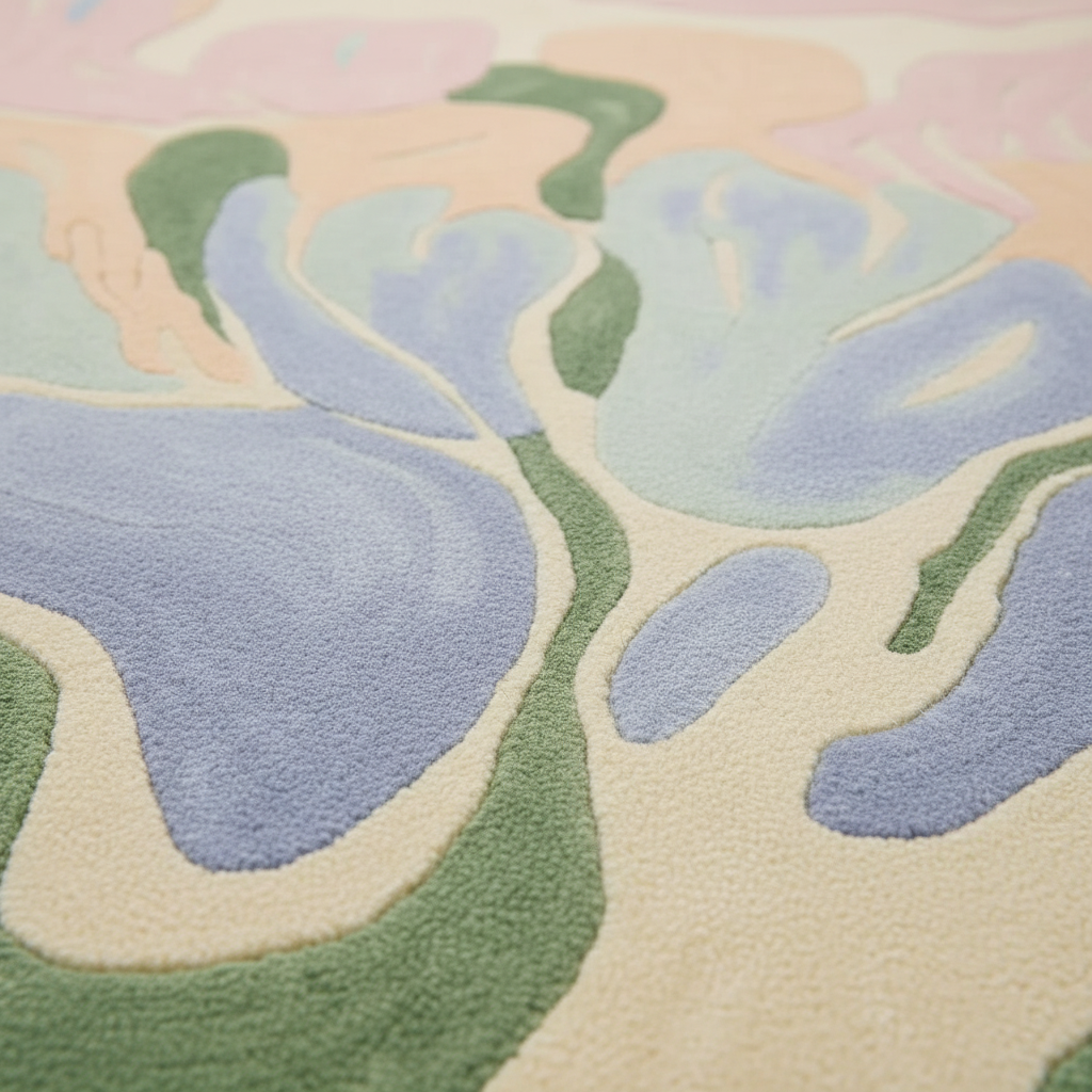 Close-up of a textured rug with abstract patterns in pastel colors.