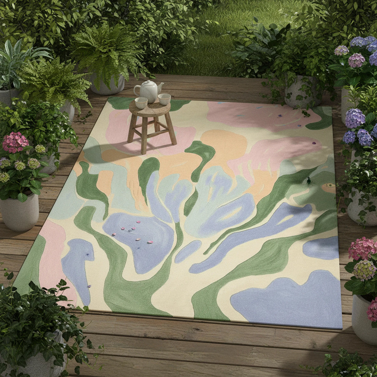 Colorful abstract rug on a wooden deck with plants around