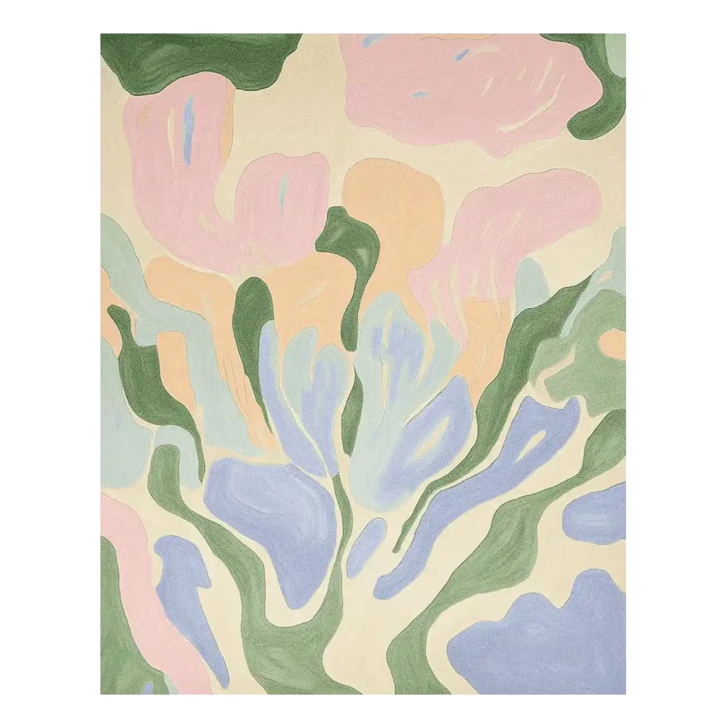Vibrant and abstract Colorform Bloom Memory Hand Tufted Area Rug, perfect for large living rooms. This wool rug showcases a contemporary design with soft pastel colors, ideal for adding a modern touch to your space. A beautiful choice for those seeking stylish rugs for living rooms.