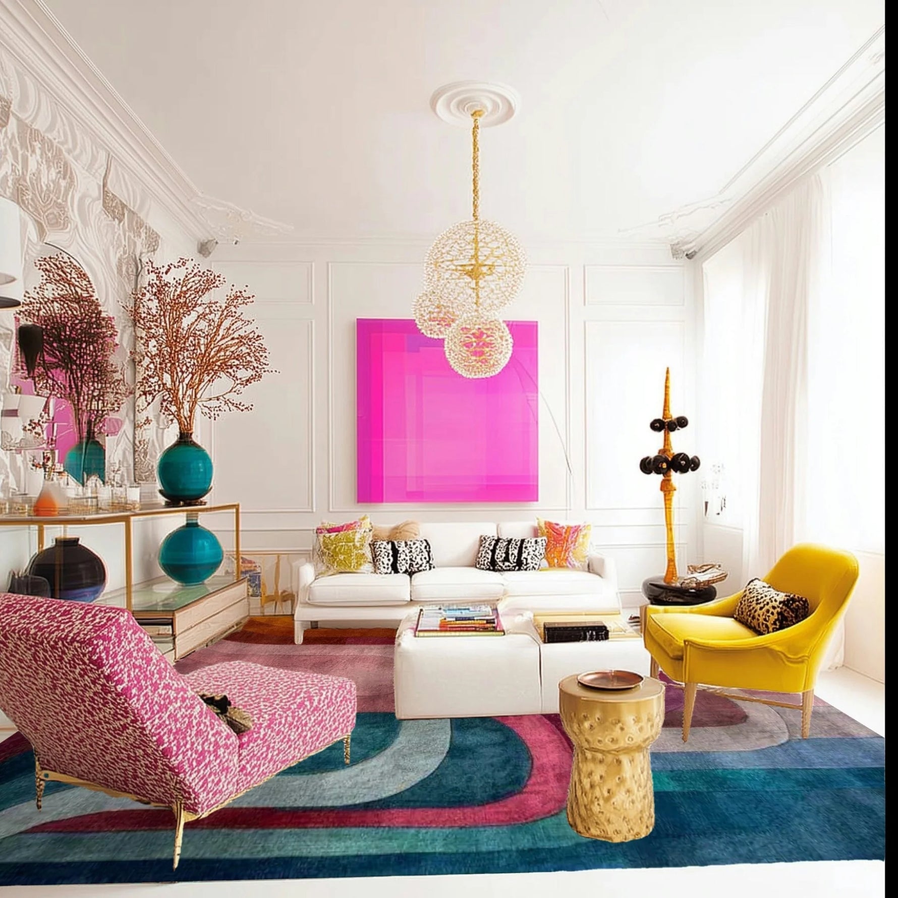 Colorful Abstract hand-tufted rug in eclectic living room — concentric arcs in pink, magenta, teal, and blue on deep blue ground